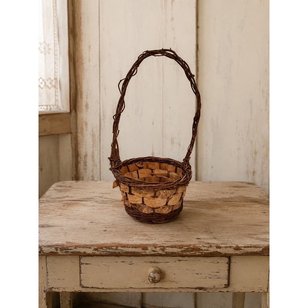 Vintage Grapevine and Wicker Basket Tall Arched Handle Rustic Farmhouse 16x8x7.5